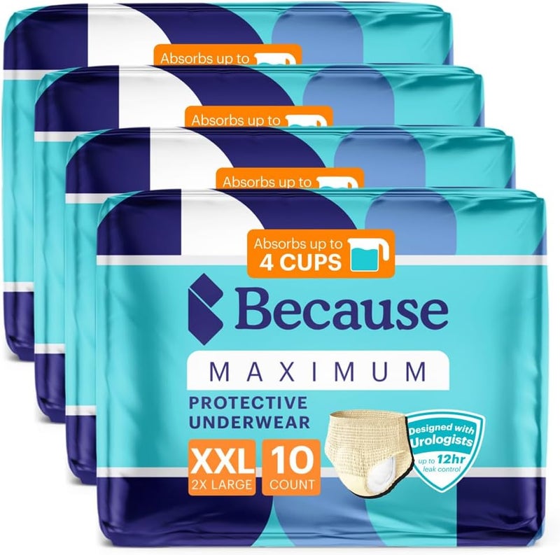 because Premium Maximum Plus Adult Incontinence and Postpartum Bladder Leak Underwear for Women, Maximum Absorbency, Disposable, Beige, XXLarge, 40 Count (4 Packs of 10) - Image 2